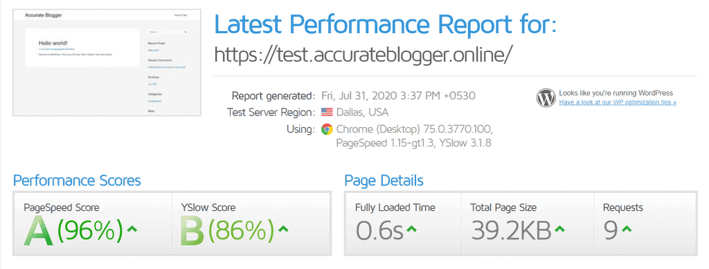 Speed Test with Astra Theme