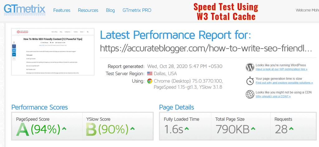 Speed Test Using W3 Total Cache