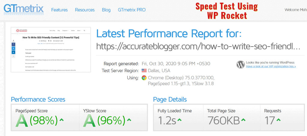 Speed Test Using WP Rocket