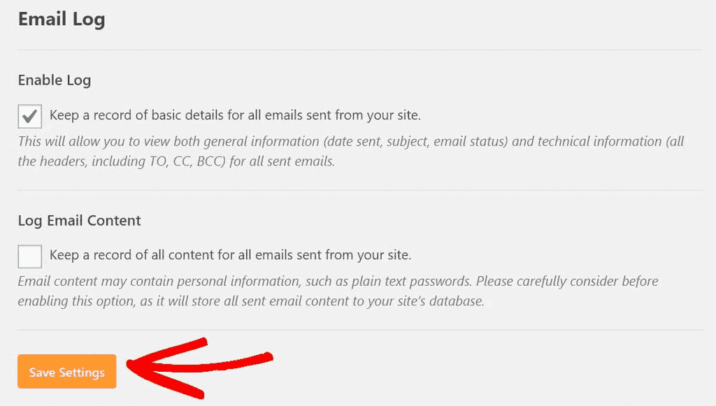 Save Settings Email Log