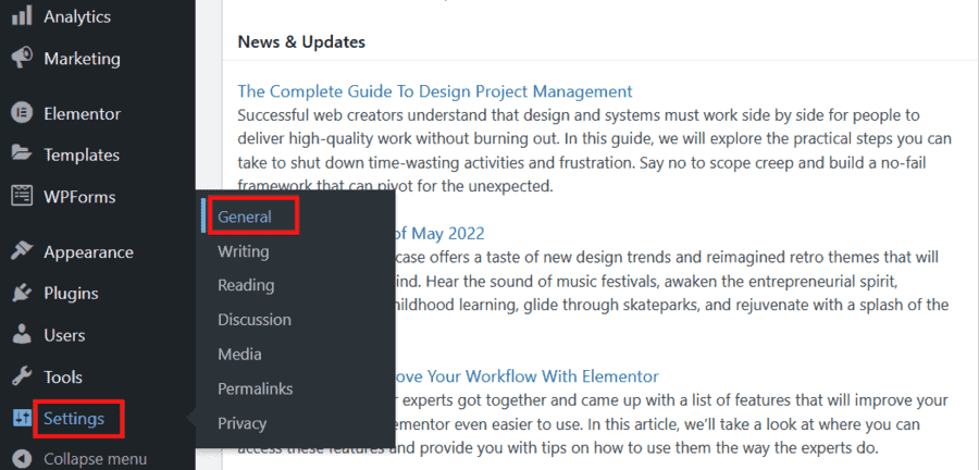 WordPress General Settings Option