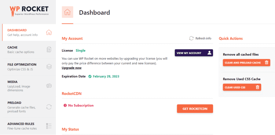 WP Rocket Plugin Customized Dashboard