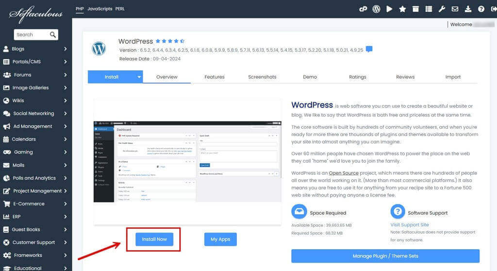 Install WordPress using Softaculous