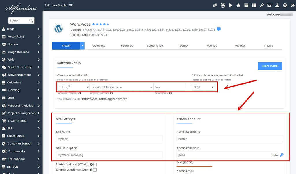 WordPress Software Setup Softaculous