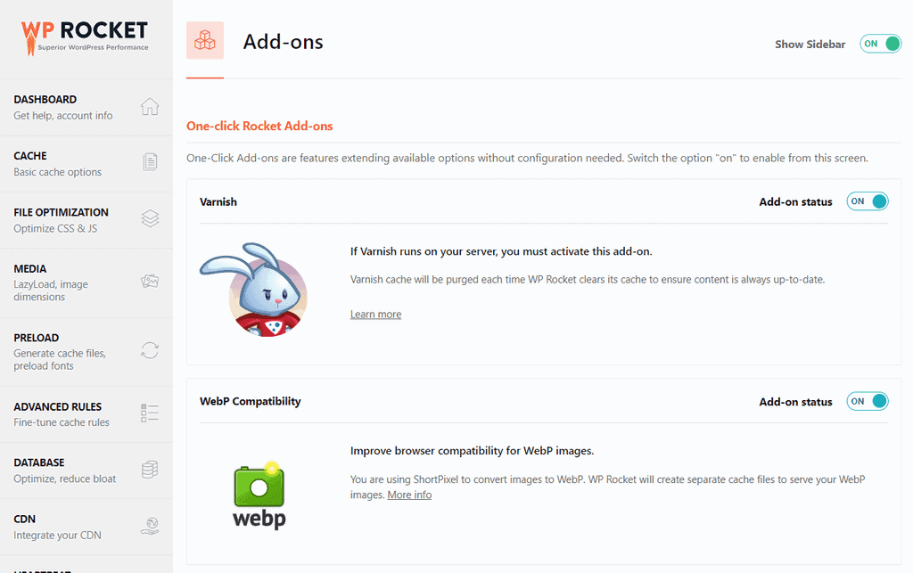 WP Rocket Addons Tab