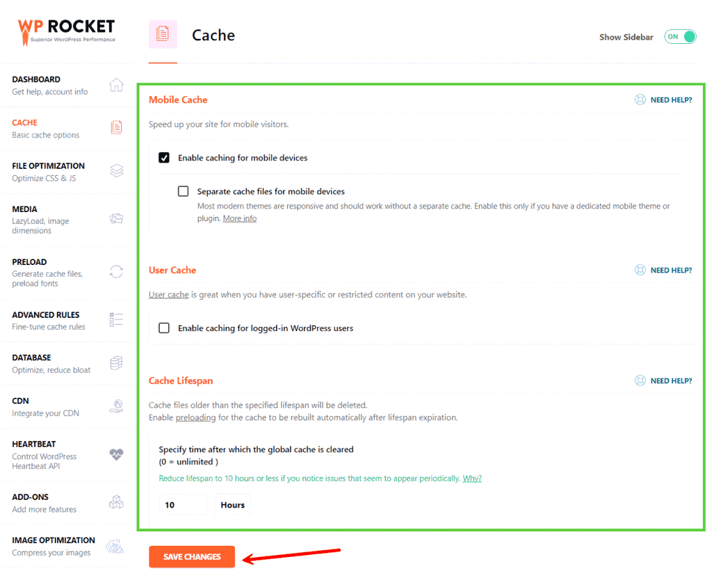 WP Rocket Cache Tab