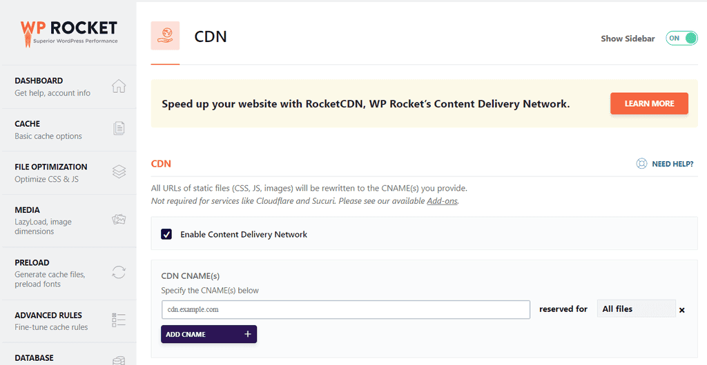 WP Rocket CDN Tab