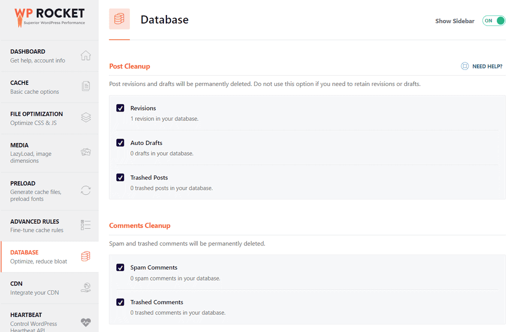 WP Rocket Database Tab