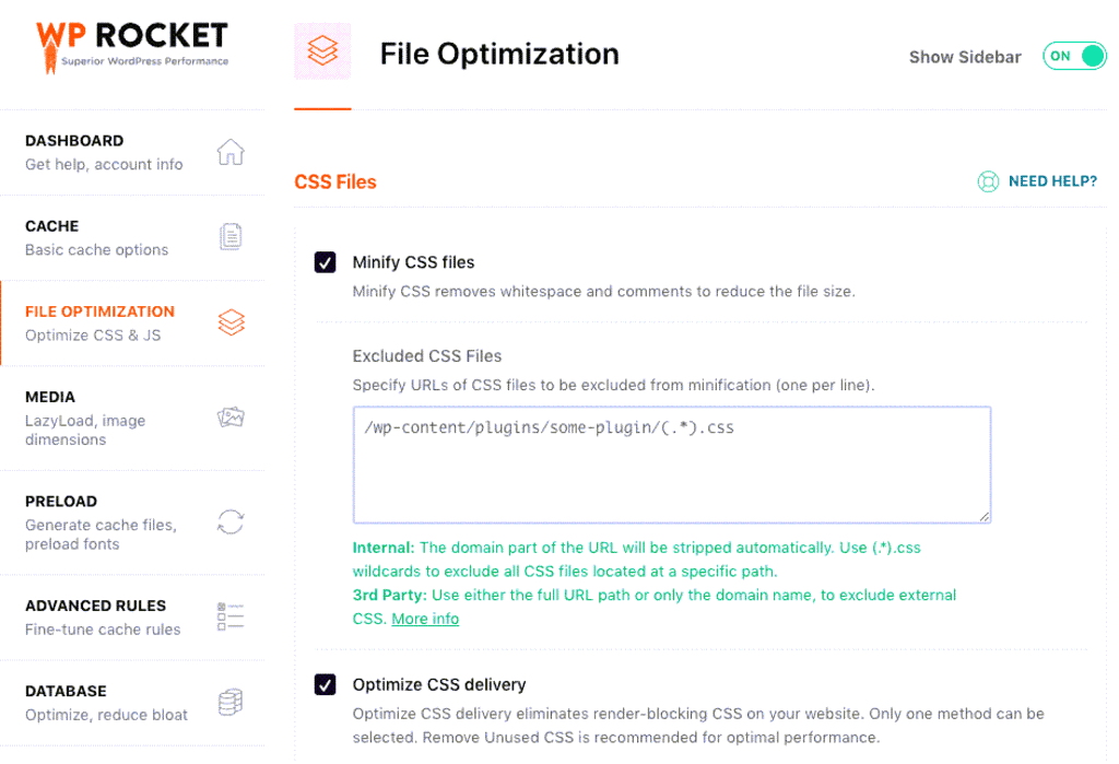 WP Rocket File Optimization tab