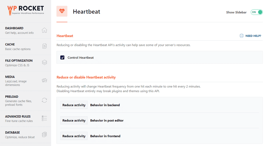 WP Rocket Heartbeat Tab