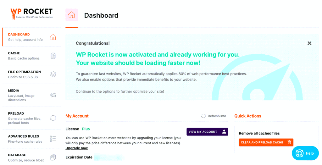 WP Rocket Plugin Dashboard