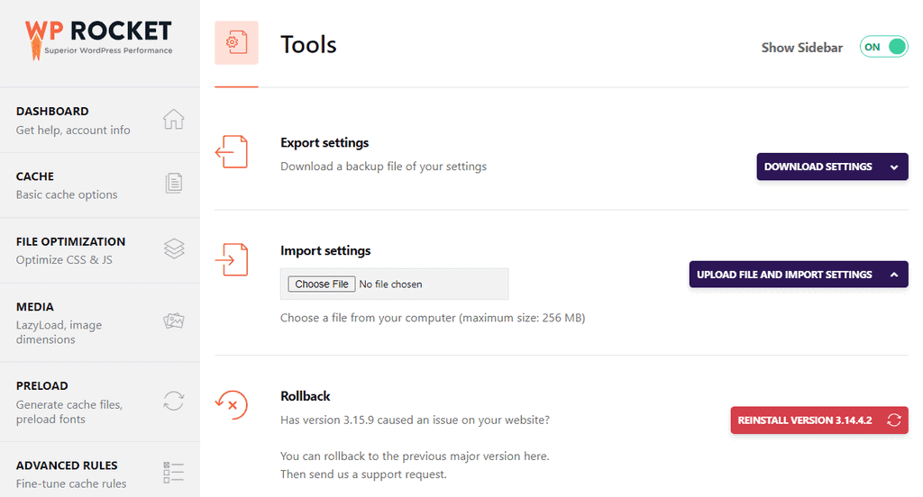 WP Rocket Tools Tab