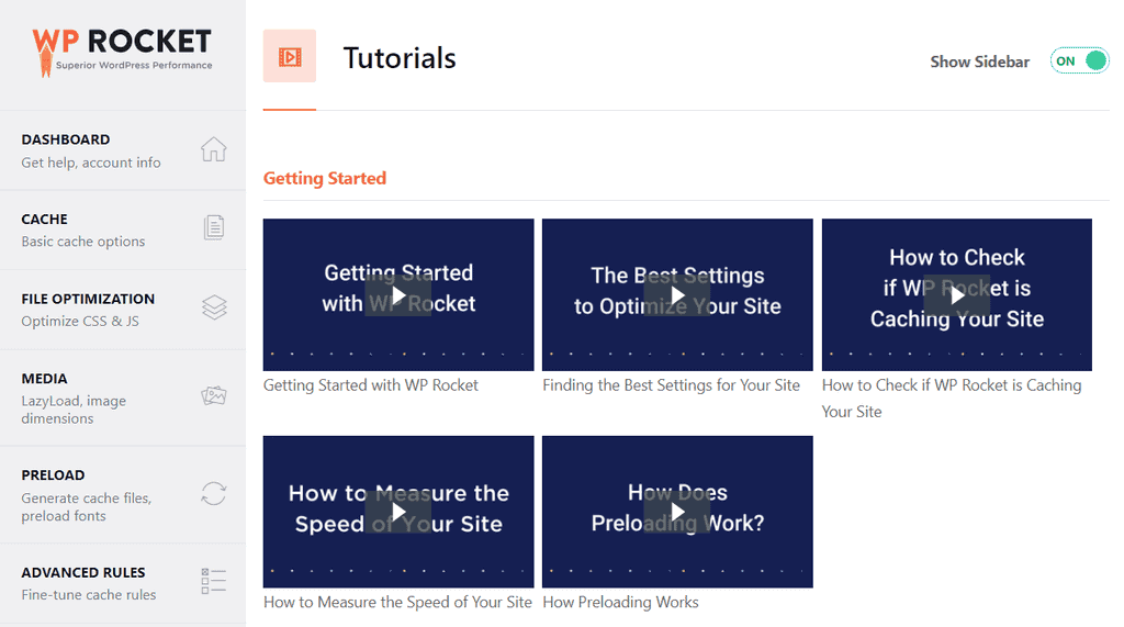 WP Rocket Tutorials Tab