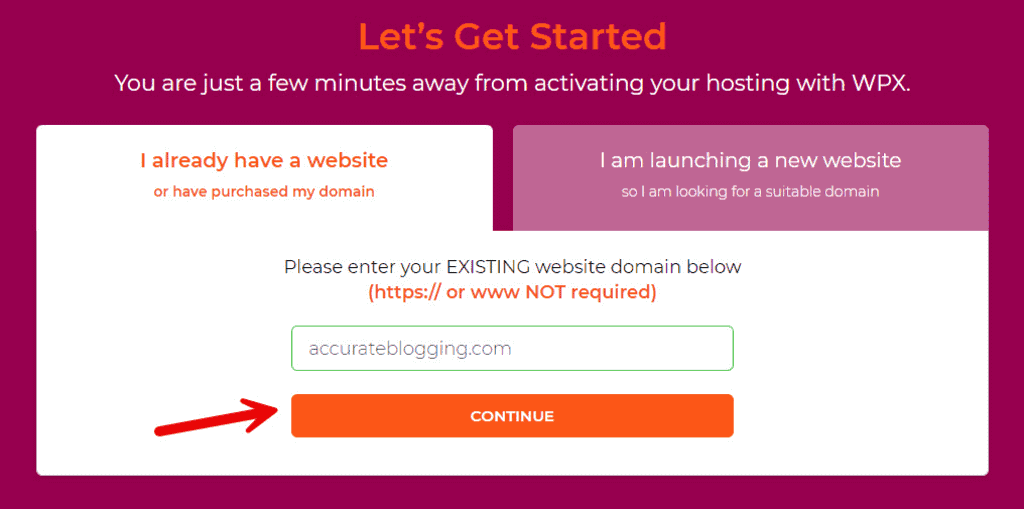 Screenshot of WPX Hosting domain setup page where users can enter an existing domain or purchase a new one