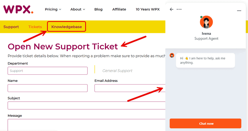 Screenshot of WPX Customer Support Services showing options to ‘Open a new support ticket’ and ‘Live chat