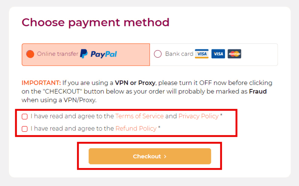 Screenshot of WPX Hosting checkout section showing two payment options: Credit Card and PayPal