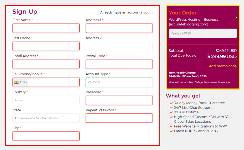 Screenshot of WPX Hosting signup form asking for account information details”