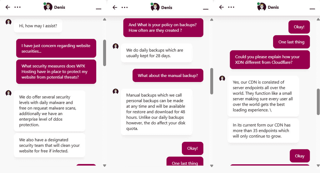 Screenshot of a WPX live chat conversation reviewing the quality of their support
