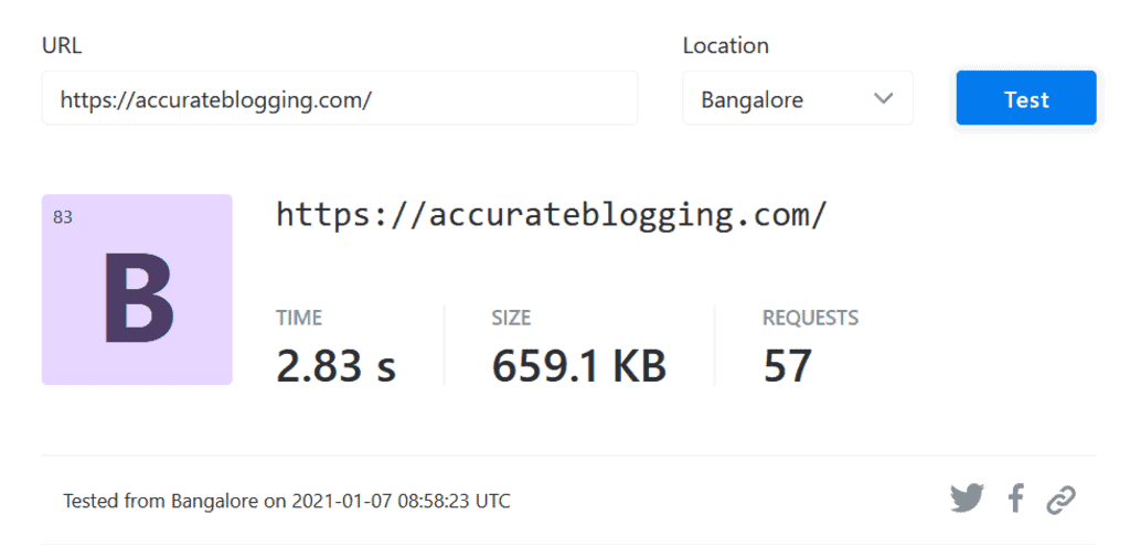 Speed test results of a demo website hosted on WPX in Bangalore, INDIA