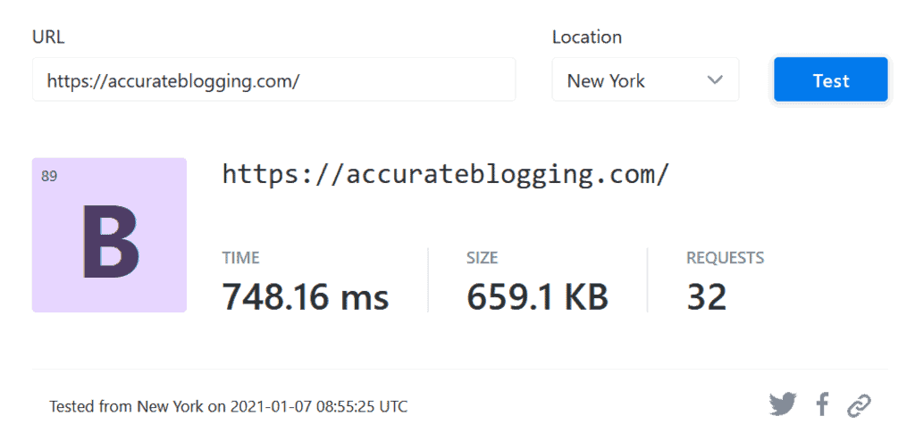 Speed test results of a demo website hosted on WPX in New York, USA